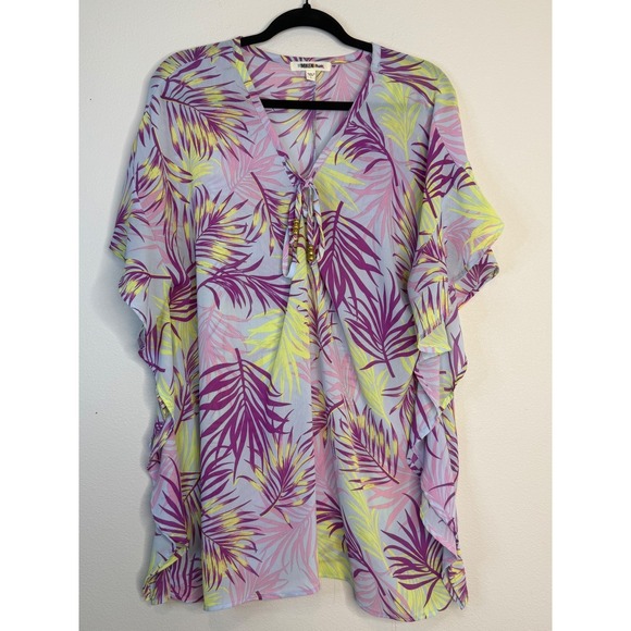 Miken Swim Other - Miken Swim Tropical Palm Leaf Kaftan Cover Up Purple Yellow Blue Large I7223C167